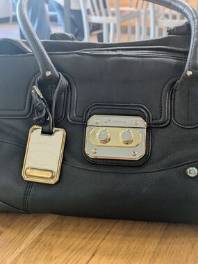 b. makowsky Black Leather Shoulder Satchel with Gold Hardware